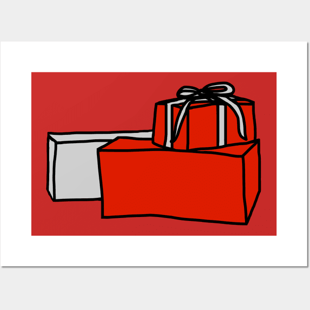 Two Red Gift boxes One Silver Gift Box for Christmas Wall Art by ellenhenryart